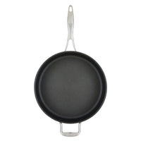 Silver-handled nonstick frying pan, viewed from above.