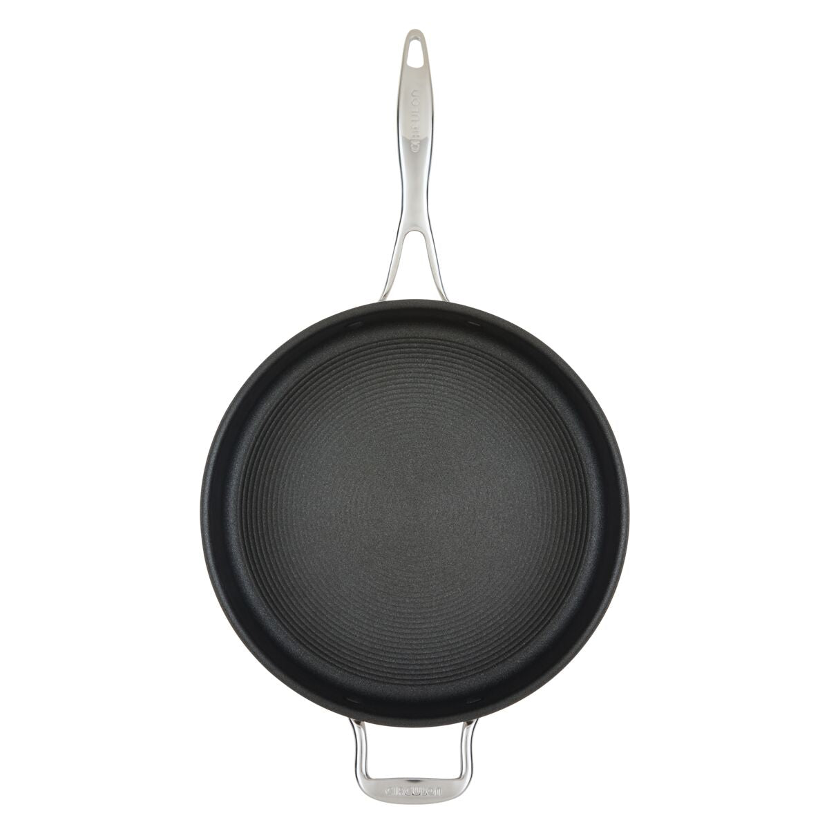 Silver-handled nonstick frying pan, viewed from above.