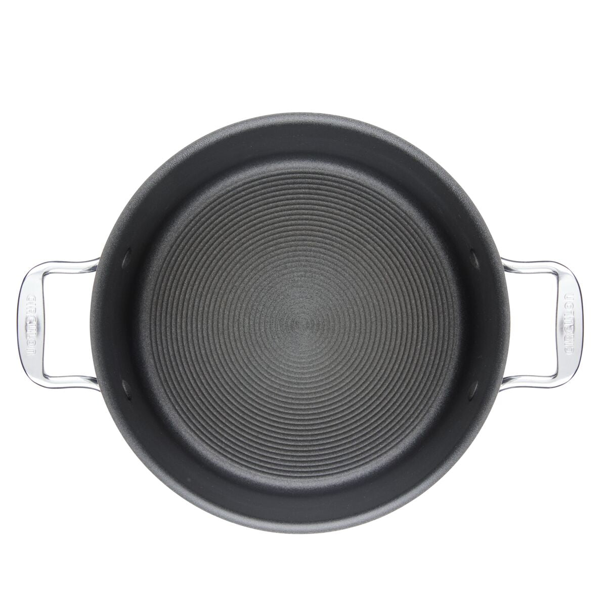Top view of a black pot with two metal handles on a white background.