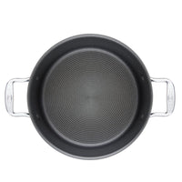 Top view of a black pot with two metal handles on a white background.