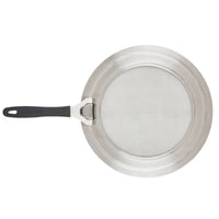 Dishwasher-safe Universal Stainless Steel Splatter Guard with black handle.