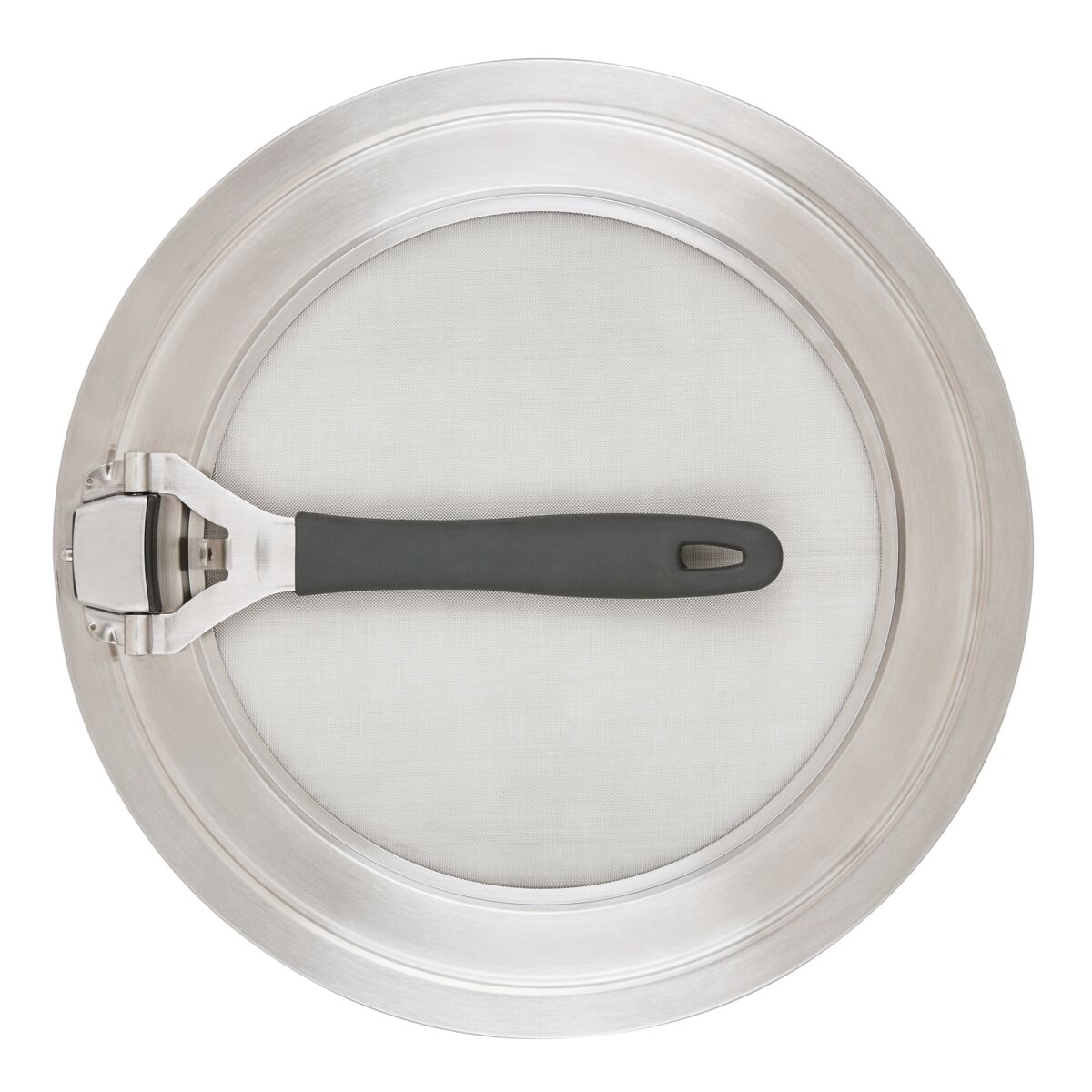 Stainless steel splatter guard, black handle, dishwasher-safe, top view.