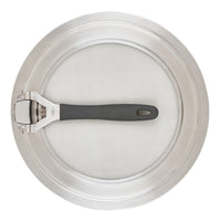 Stainless steel splatter guard, black handle, dishwasher-safe, top view.