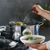 Serving soup from a pot into a white bowl on a stovetop.