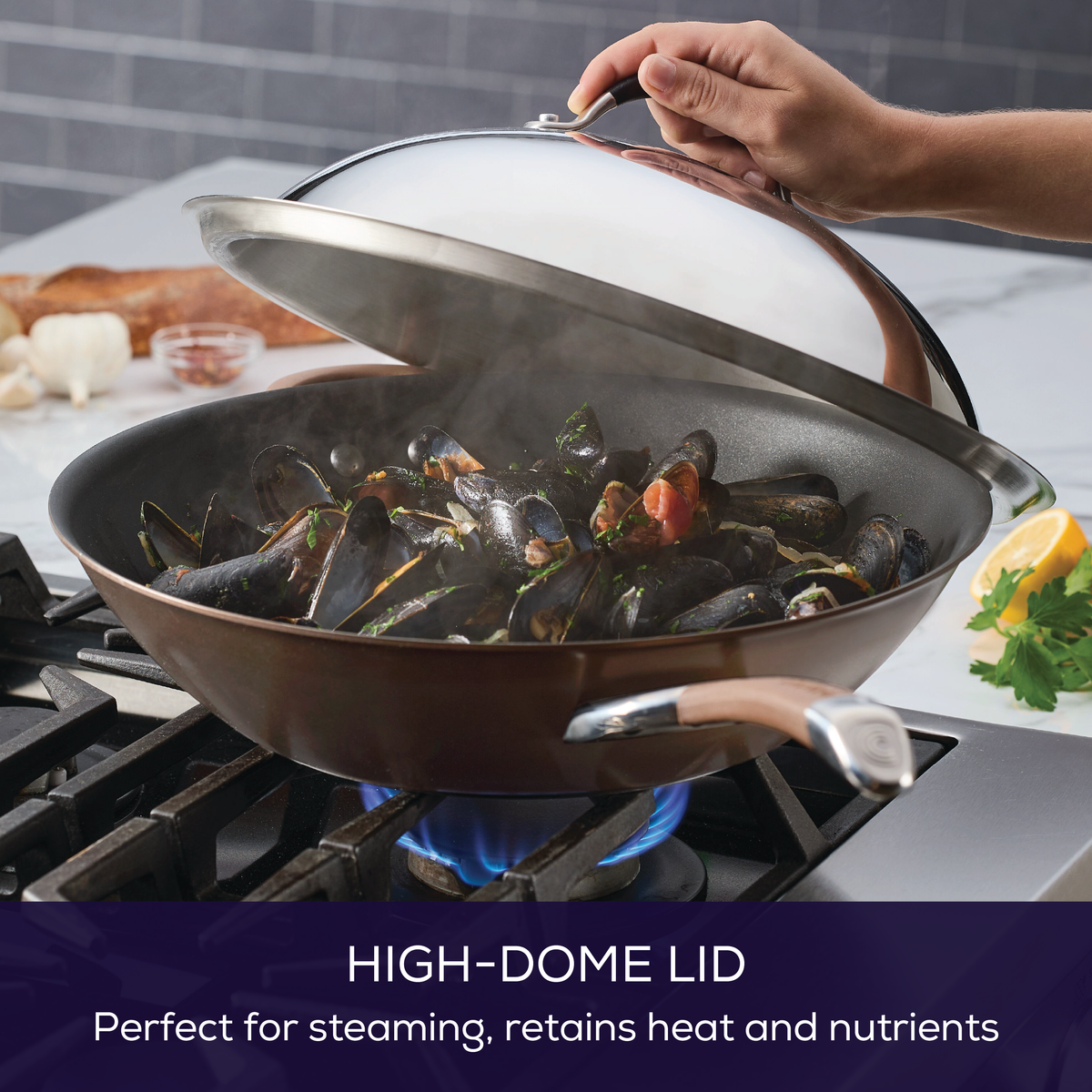14-Inch Stainless Steel Domed Lid with steaming mussels on a stovetop, featuring a silicone grip for effortless handling.