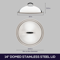 The 14-Inch Stainless Steel Domed Lid features side and top views, highlighting its comfortable silicone grip handle. This product exemplifies Circulon's dedication to superior quality and design.