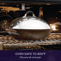 The 14-Inch Stainless Steel Domed Lid, labeled oven safe to 400°F, perfectly fits a covered skillet and includes a silicone grip for safe handling, reflecting the quality synonymous with Circulon products.