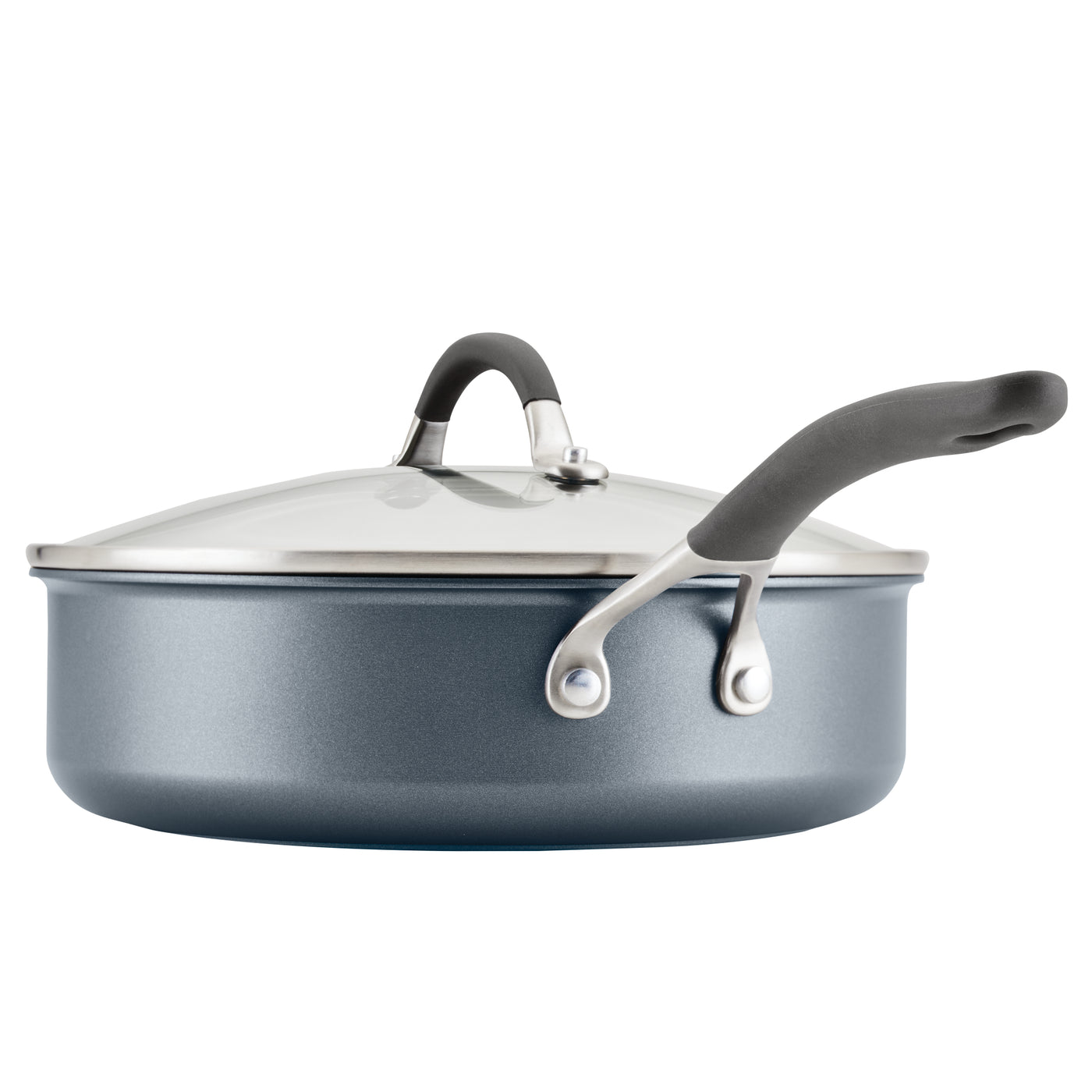 Gray saucepan with a lid and black handle on a white background.