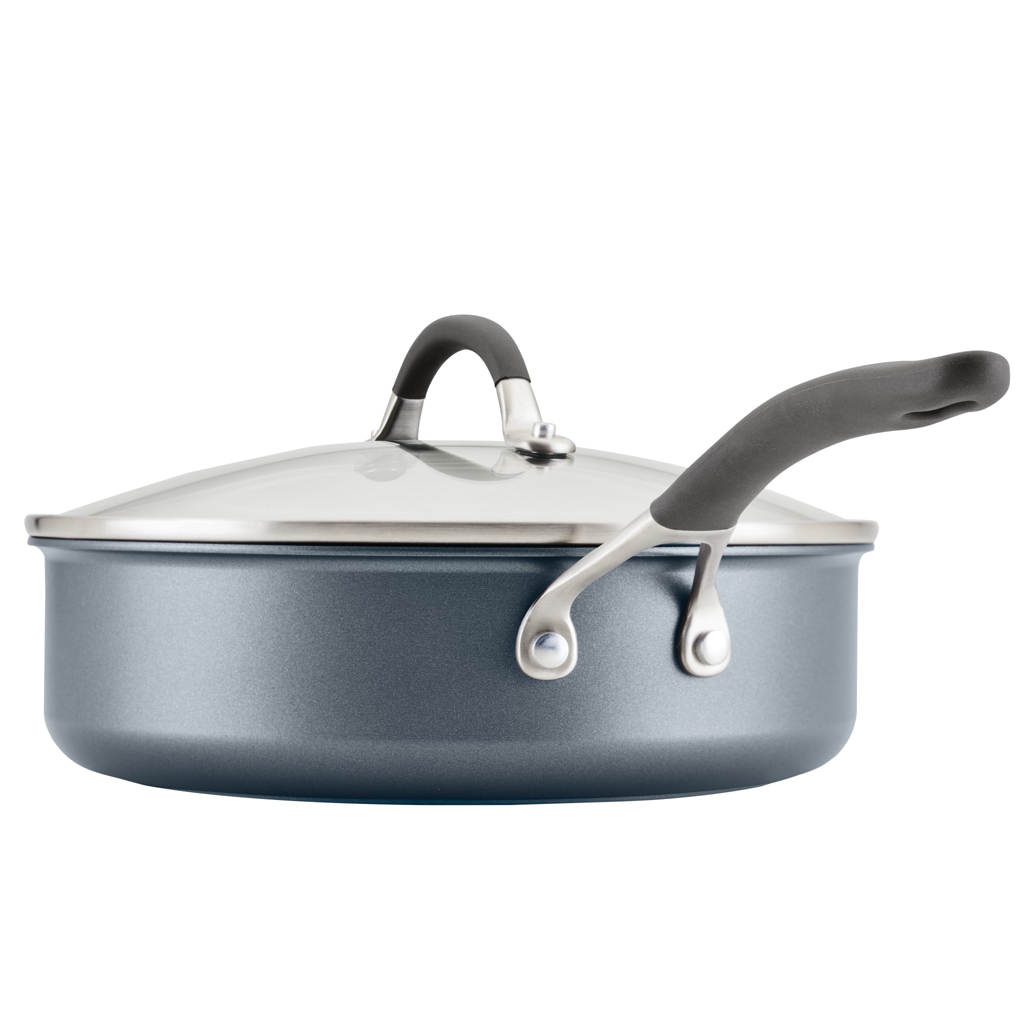 Gray saucepan with a lid and black handle on a white background.