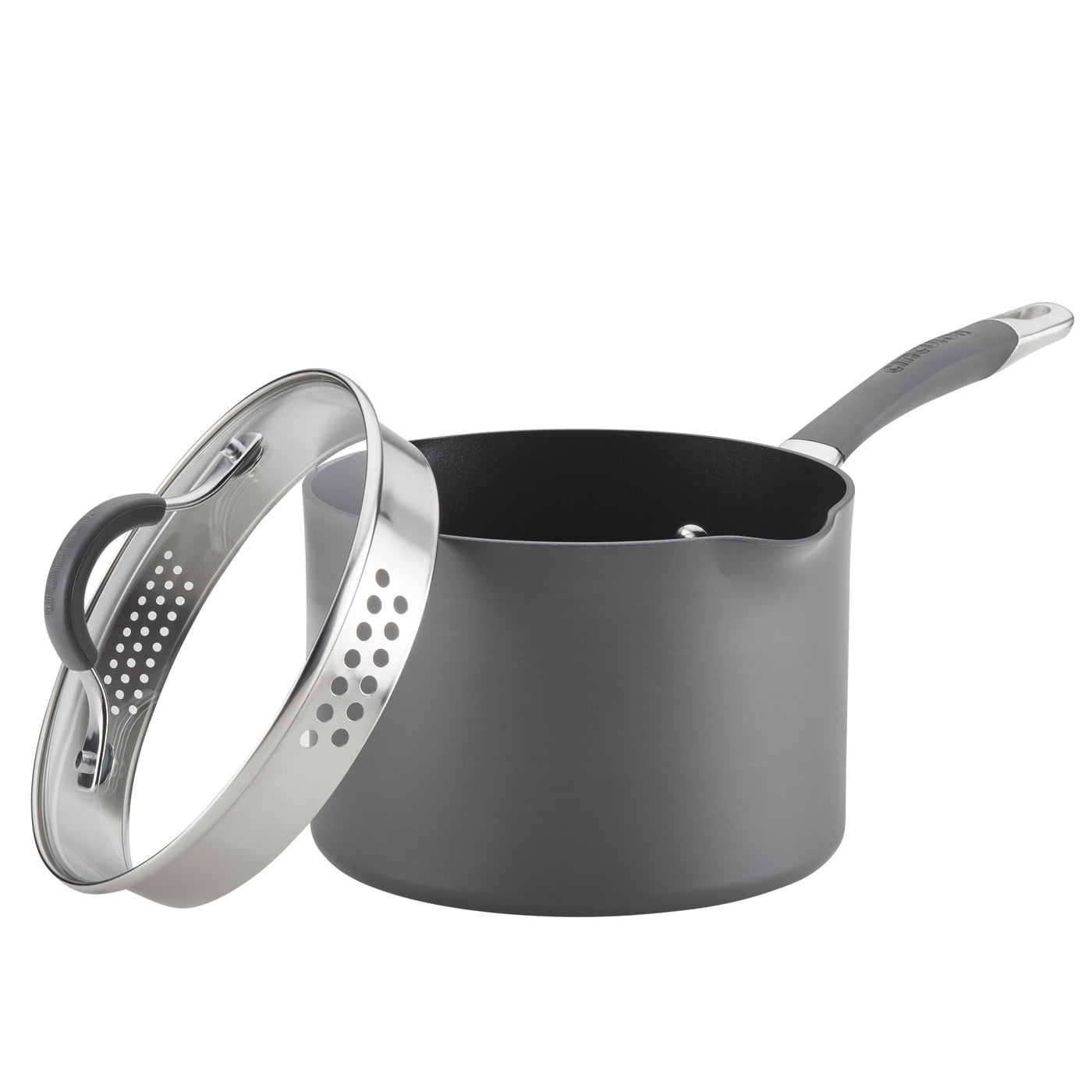 A non-stick saucepan with a strainer lid and a long handle.