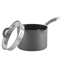 A non-stick saucepan with a strainer lid and a long handle.