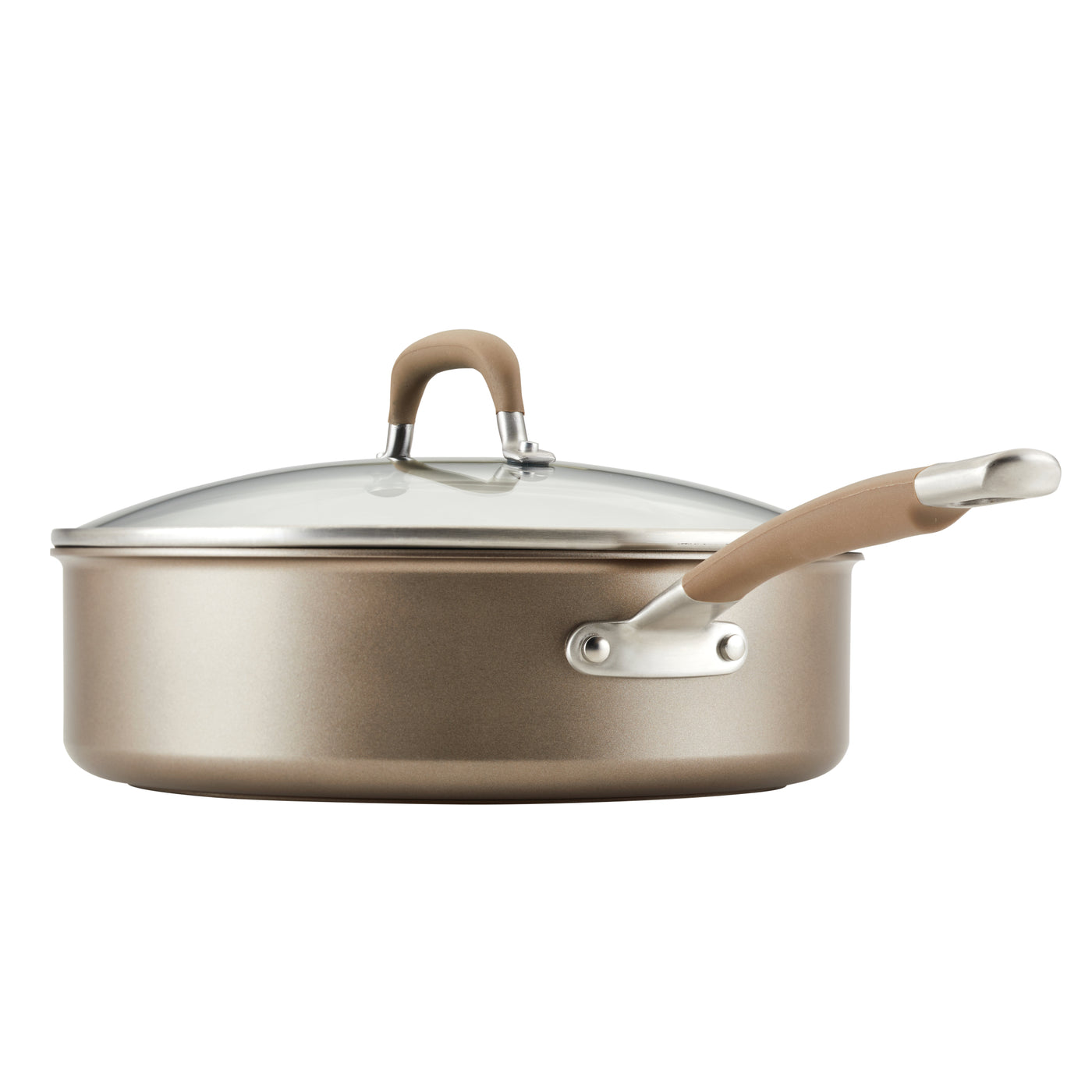 A metal saucepan with a glass lid and a long handle.