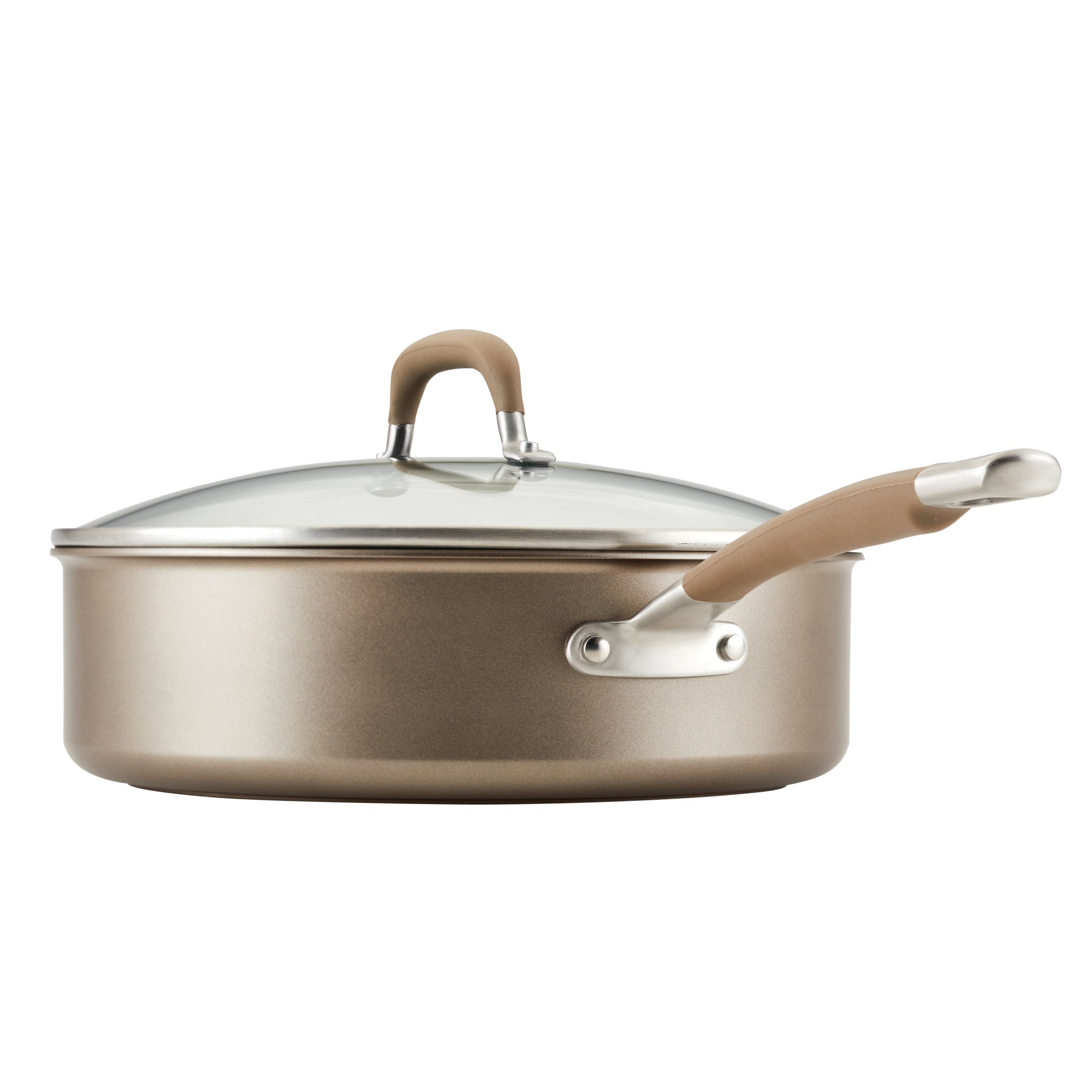 A metal saucepan with a glass lid and a long handle.