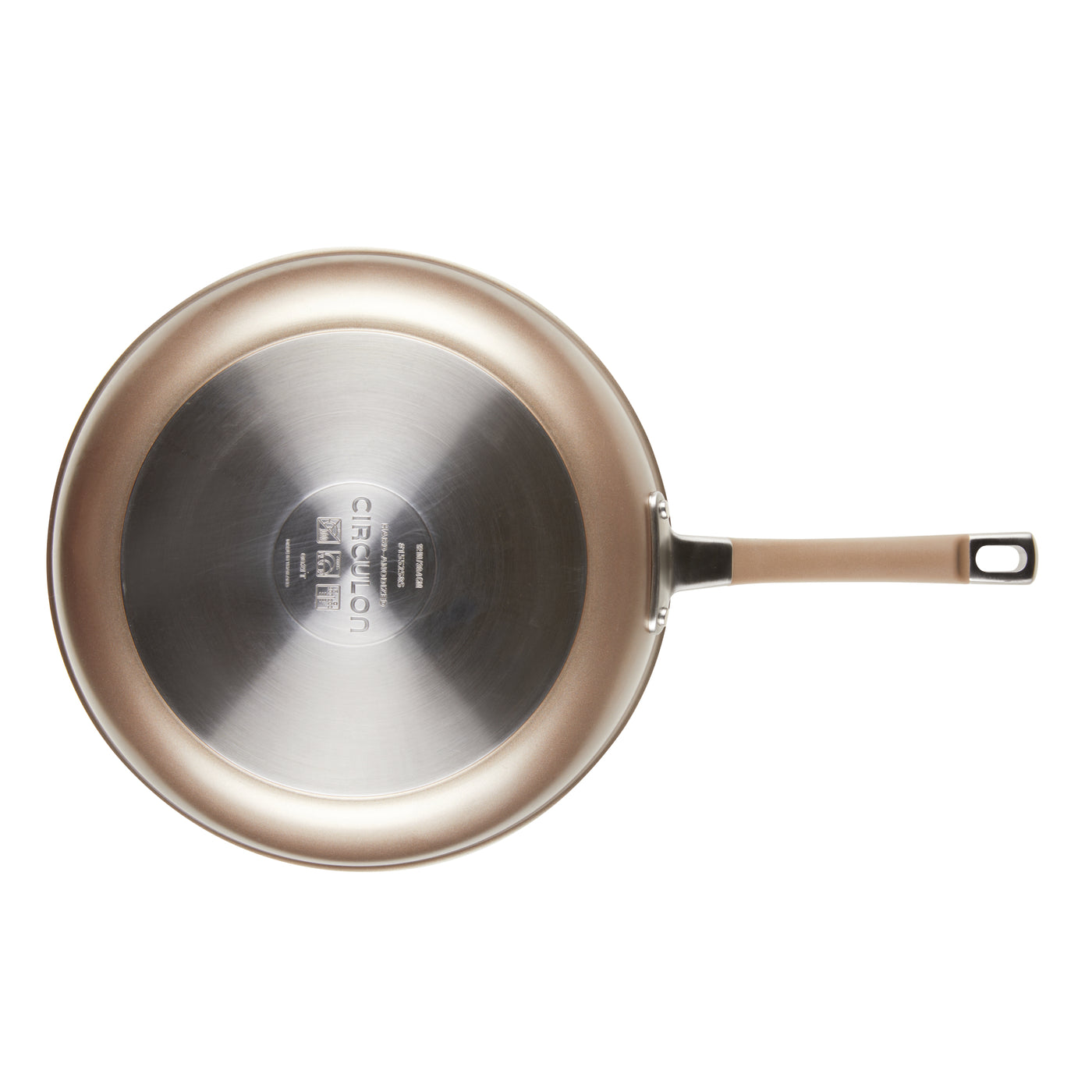 Top view of a stainless steel frying pan with a handle.