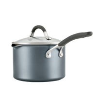 A gray saucepan with a lid and black handles.