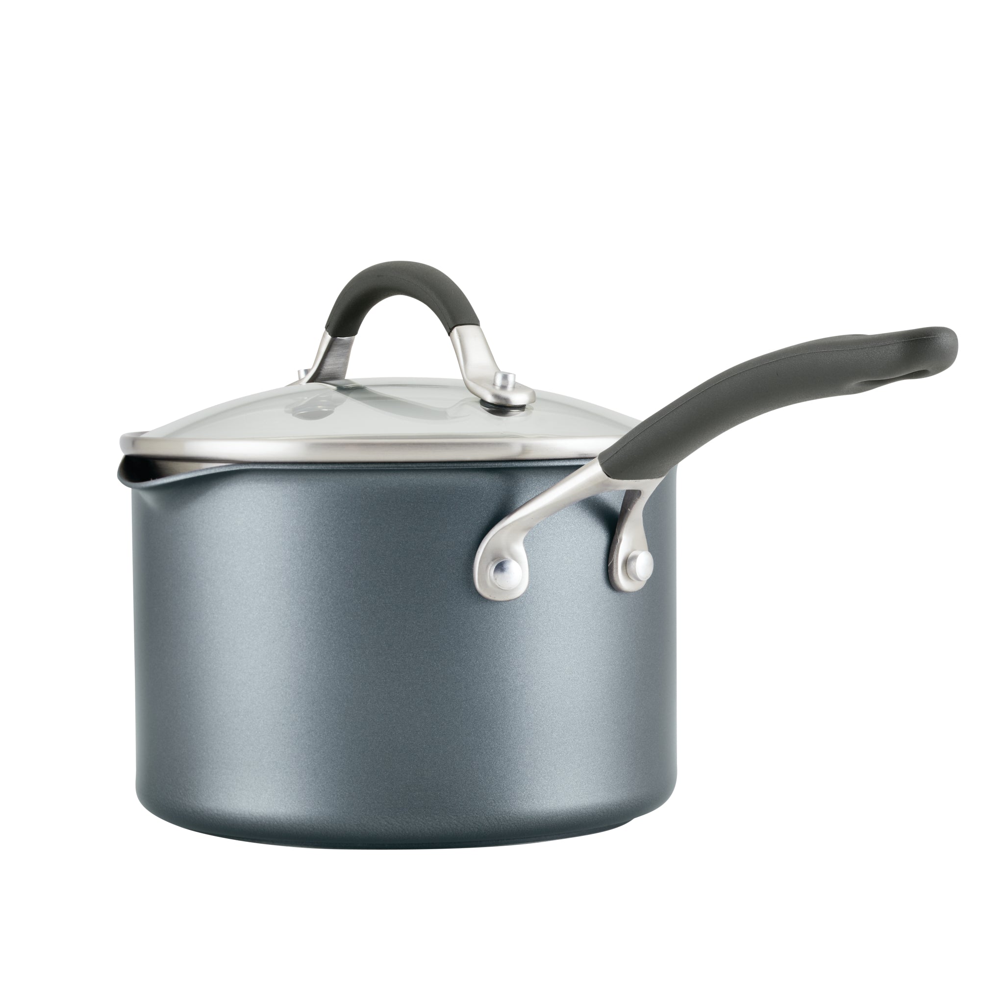 A gray saucepan with a lid and black handles.