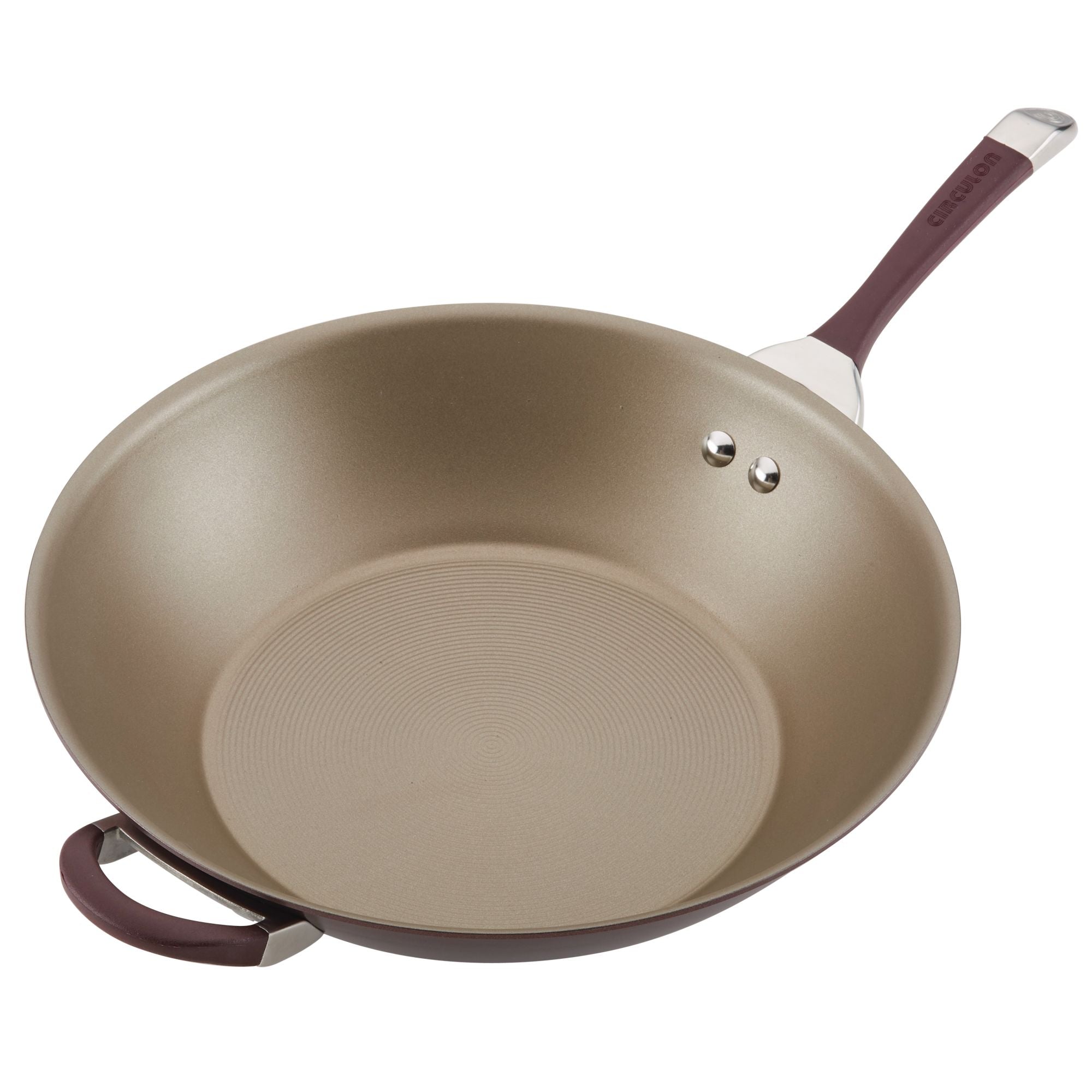A nonstick frying pan with a side handle and a long handle.