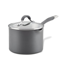 Gray saucepan with a lid and a long handle on a white background.