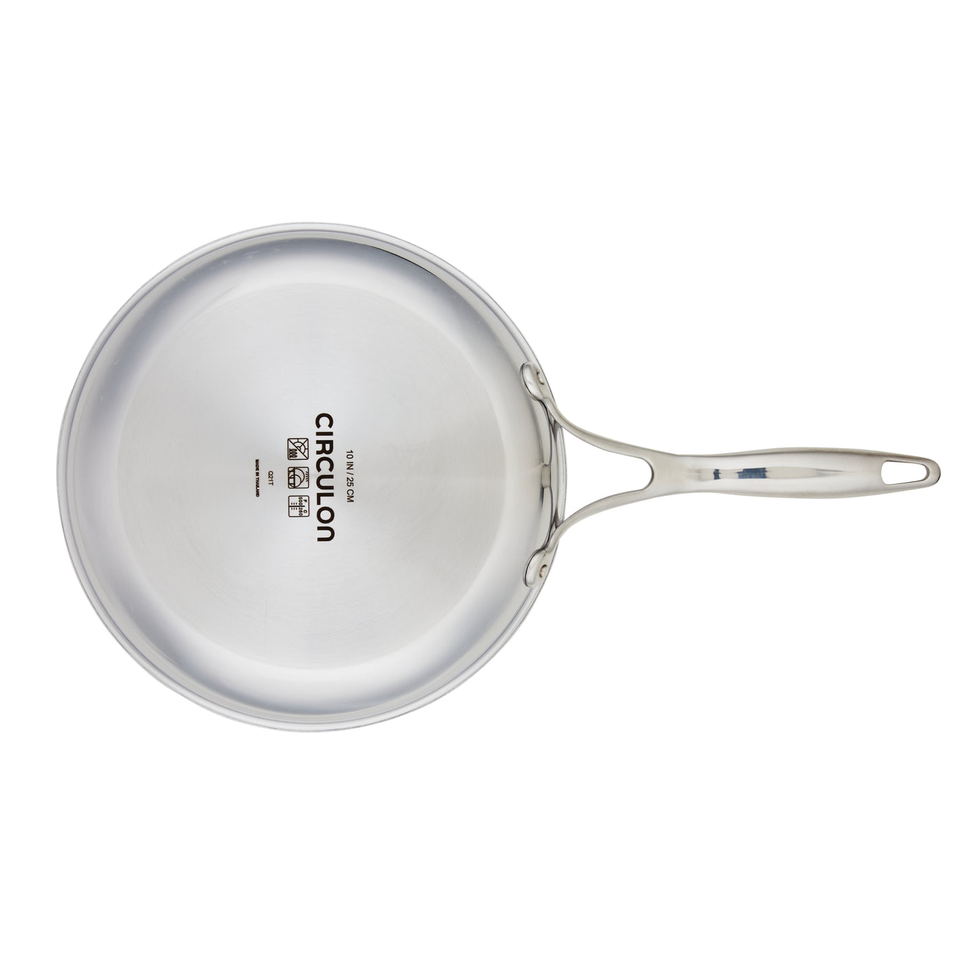 Silver frying pan with a long handle and brand text on the surface.