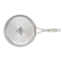 Silver frying pan with a long handle and brand text on the surface.