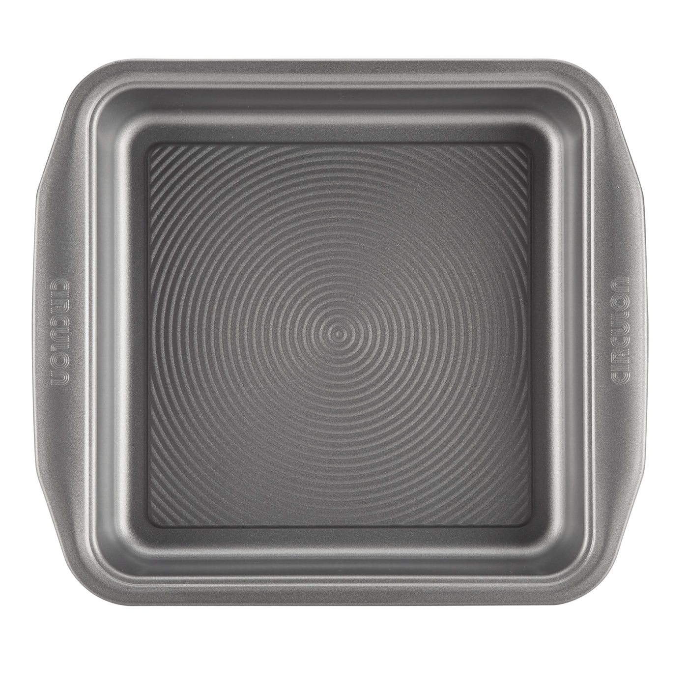 Square baking pan with concentric circle pattern on the bottom.