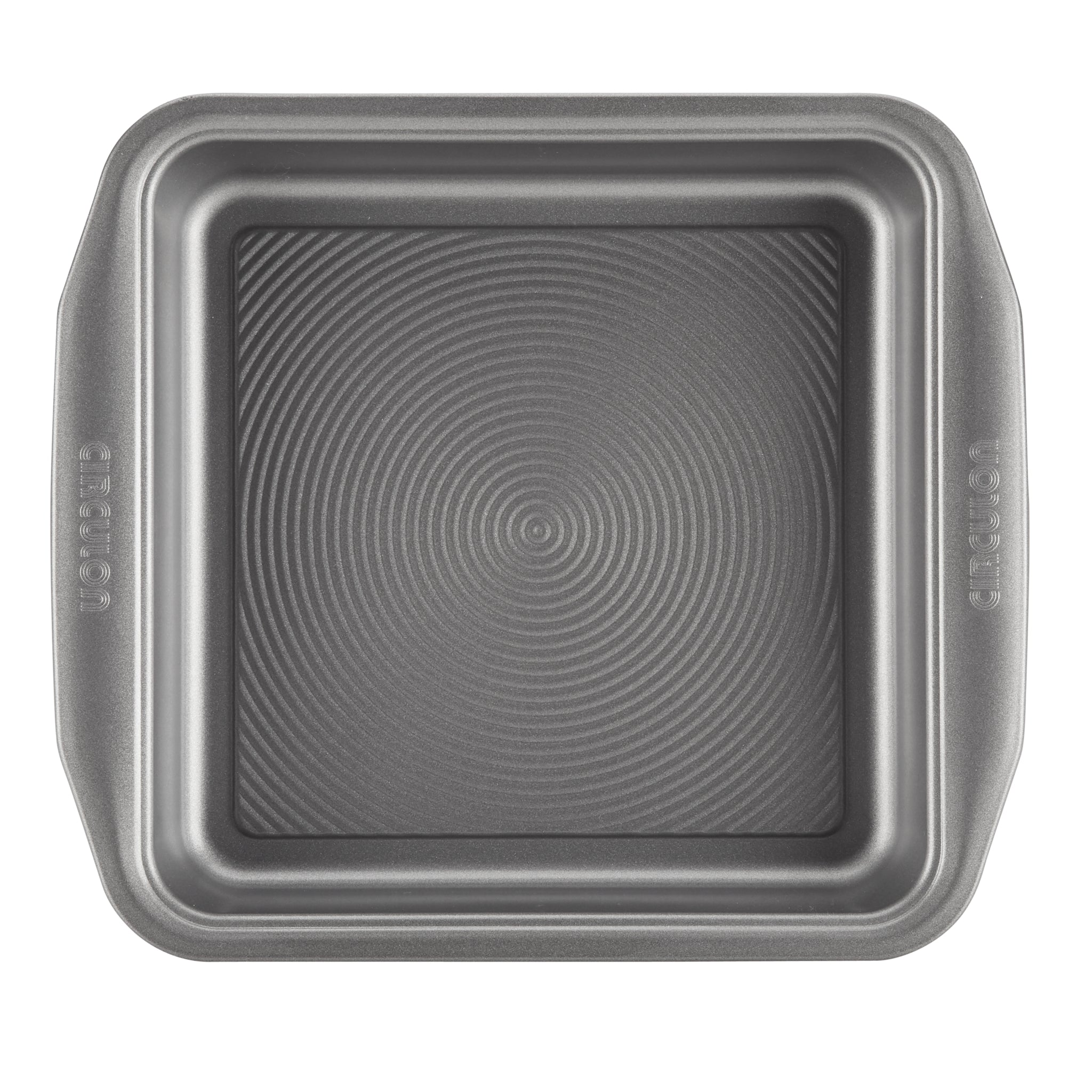 Square baking pan with concentric circle pattern on the bottom.