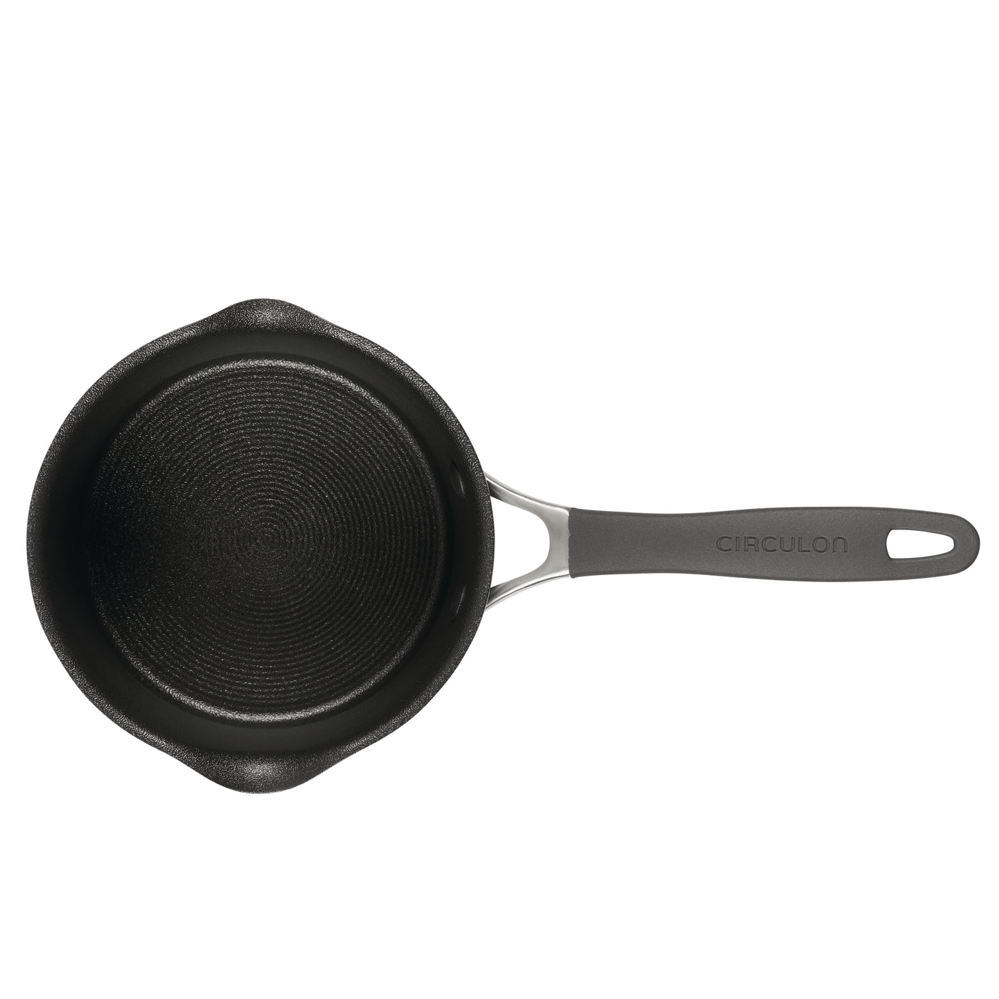 A black saucepan with a gray handle on a plain white background.