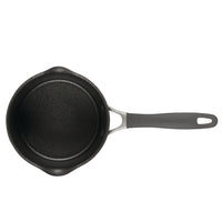 A black saucepan with a gray handle on a plain white background.
