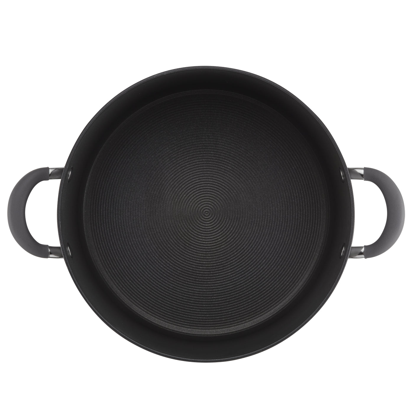 Top view of a large black cooking pot with two handles.