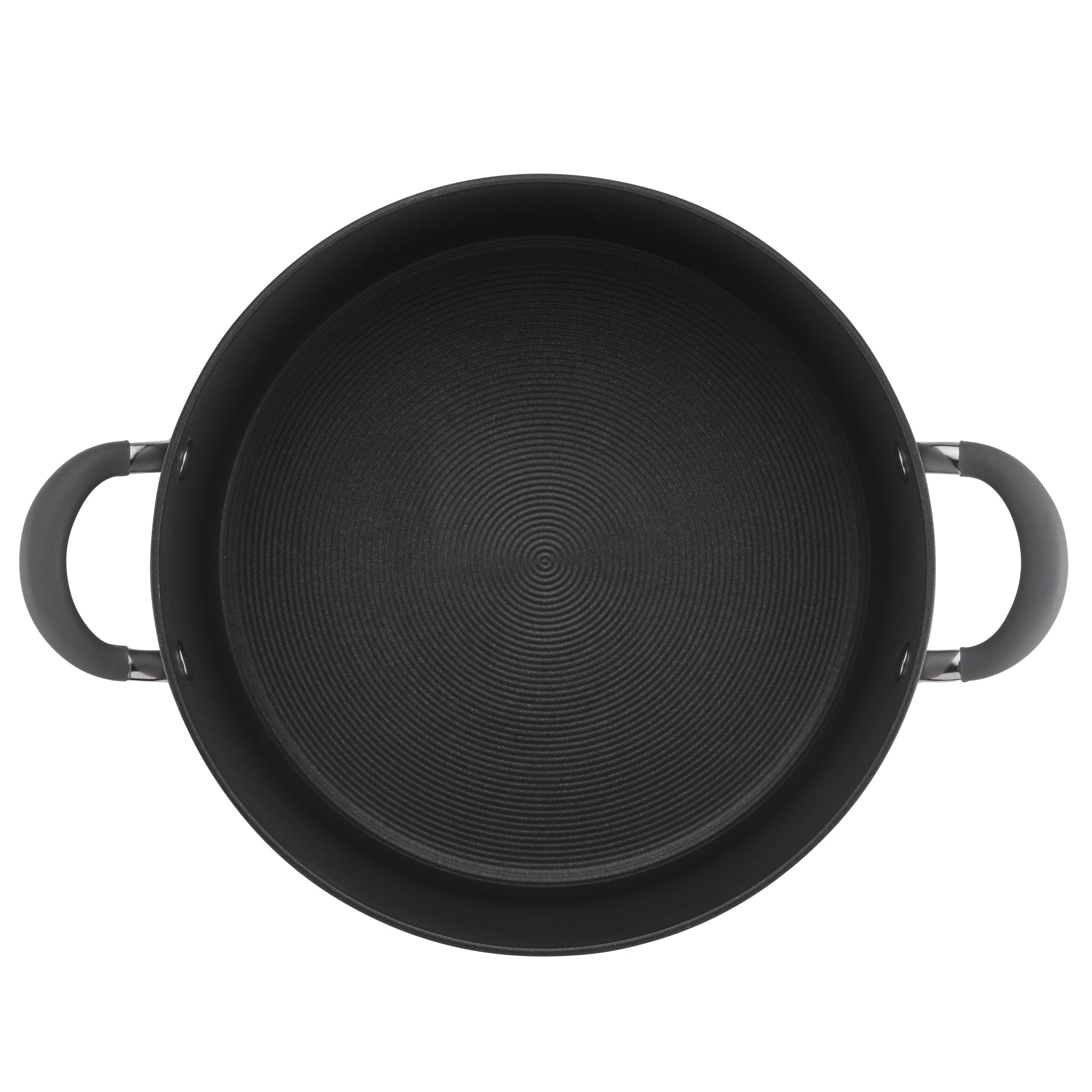 Top view of a large black cooking pot with two handles.