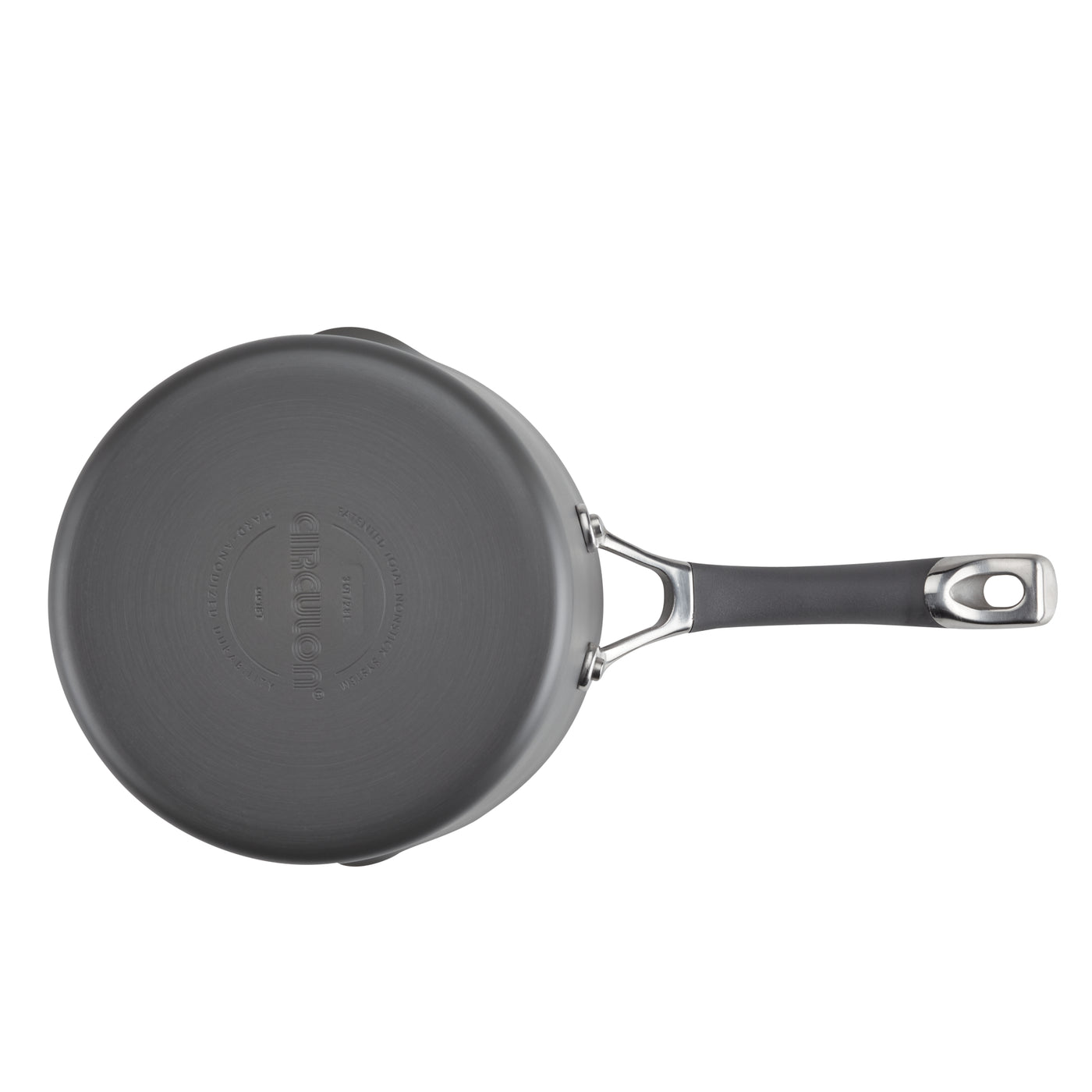 Top view of a black saucepan with a handle on a white background.