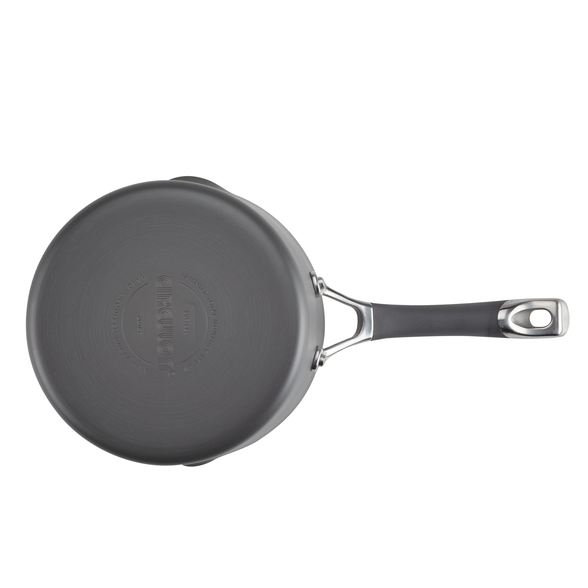 Top view of a black saucepan with a handle on a white background.