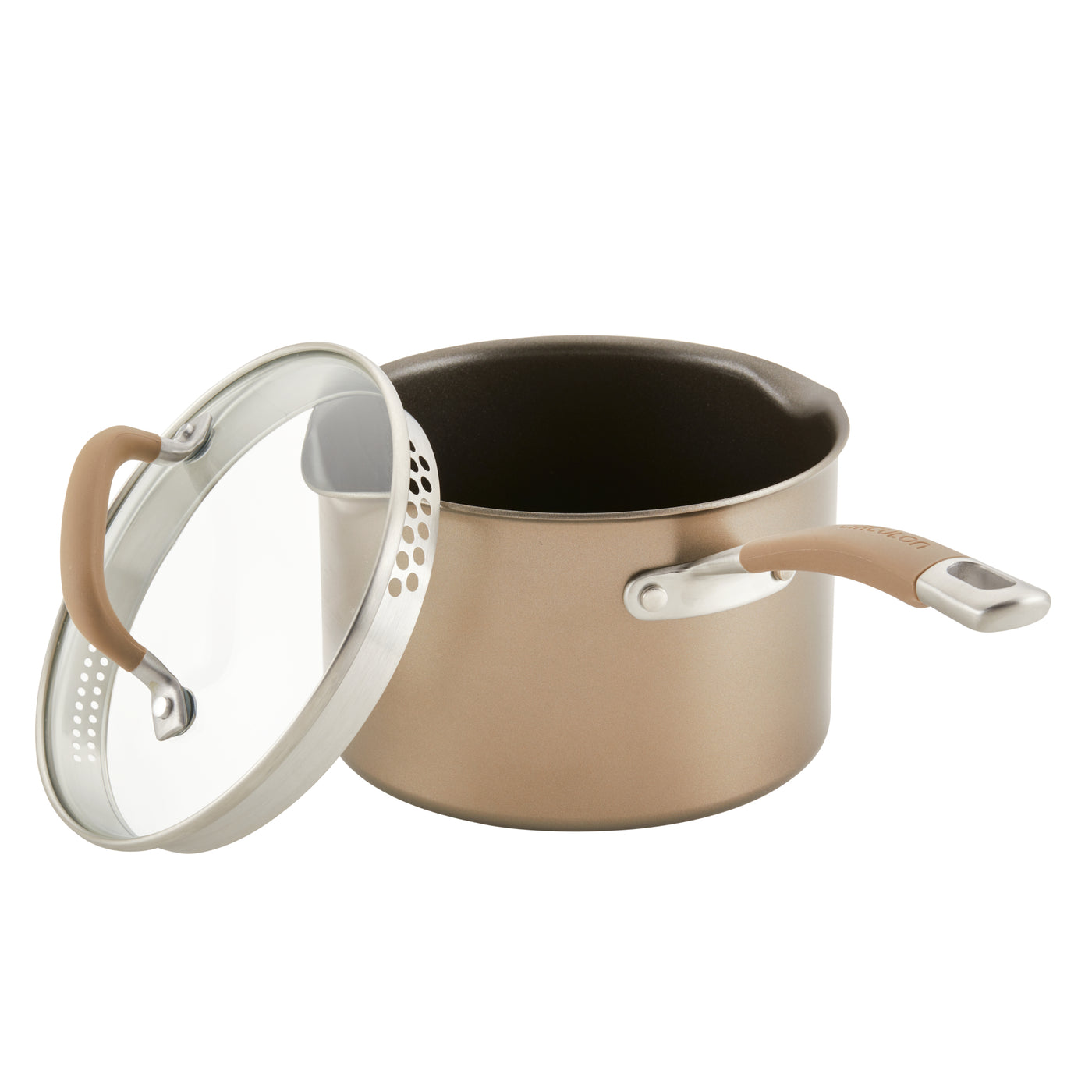 Brown saucepan with a lid, featuring beige handles.