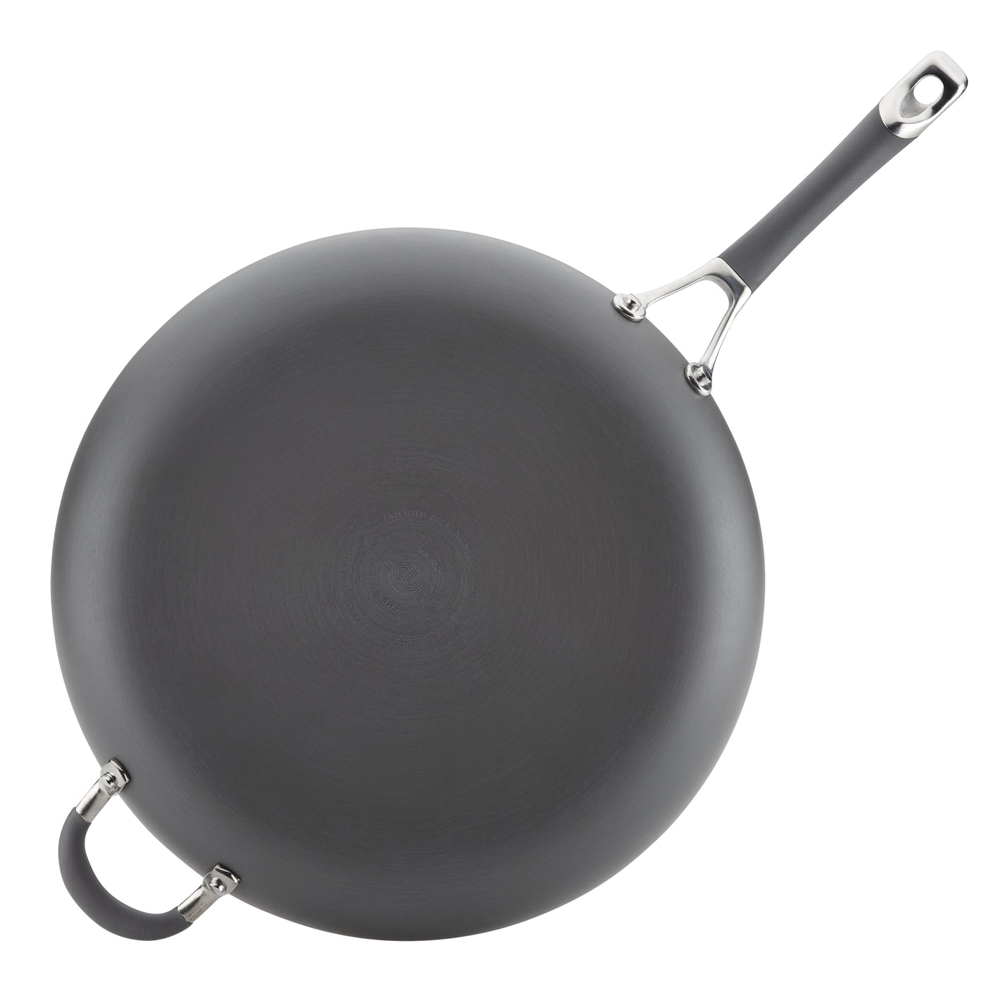 Gray frying pan with two handles, viewed from above.