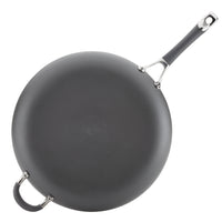 Gray frying pan with two handles, viewed from above.