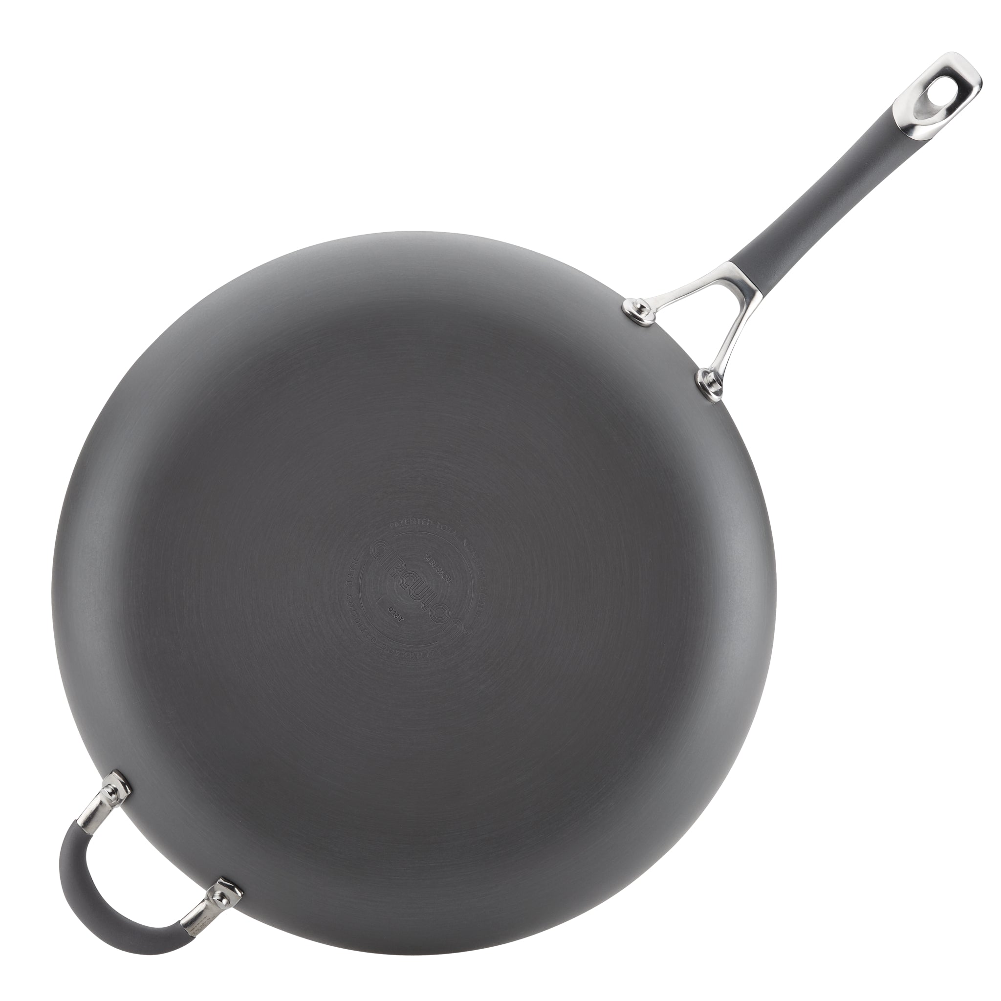 Gray frying pan with two handles, viewed from above.