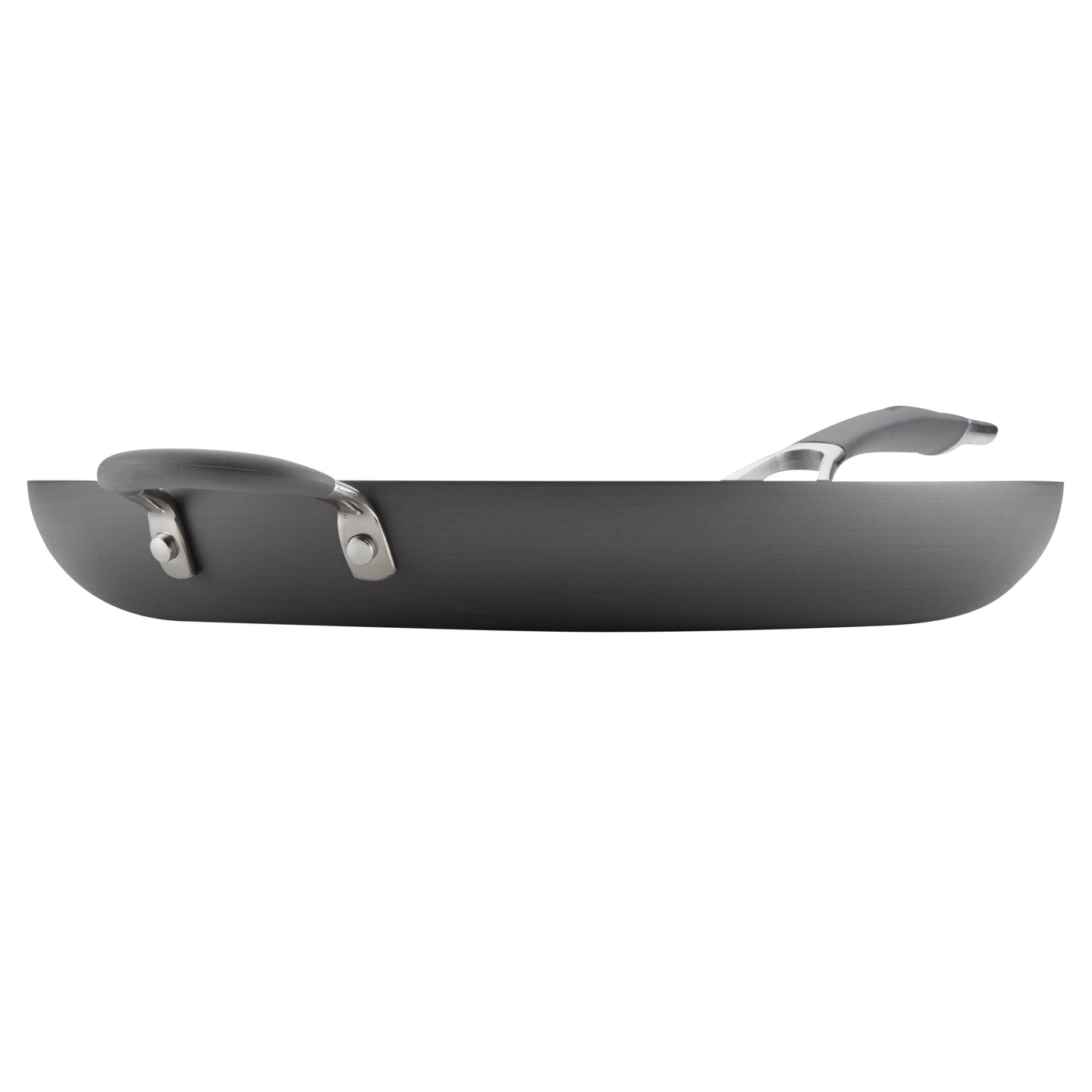 Black frying pan with two handles, shown from the side view.