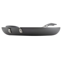Black frying pan with two handles, shown from the side view.