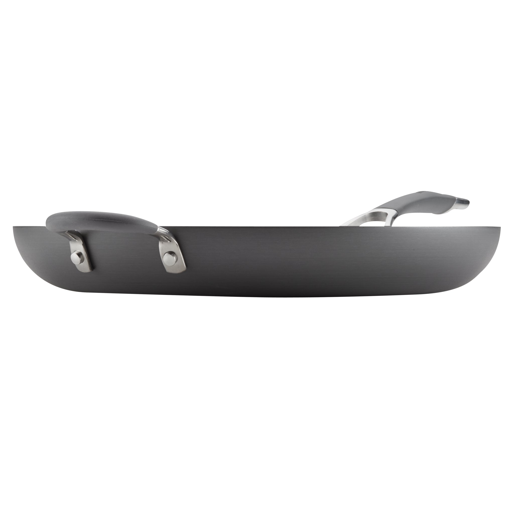 Black frying pan with two handles, shown from the side view.