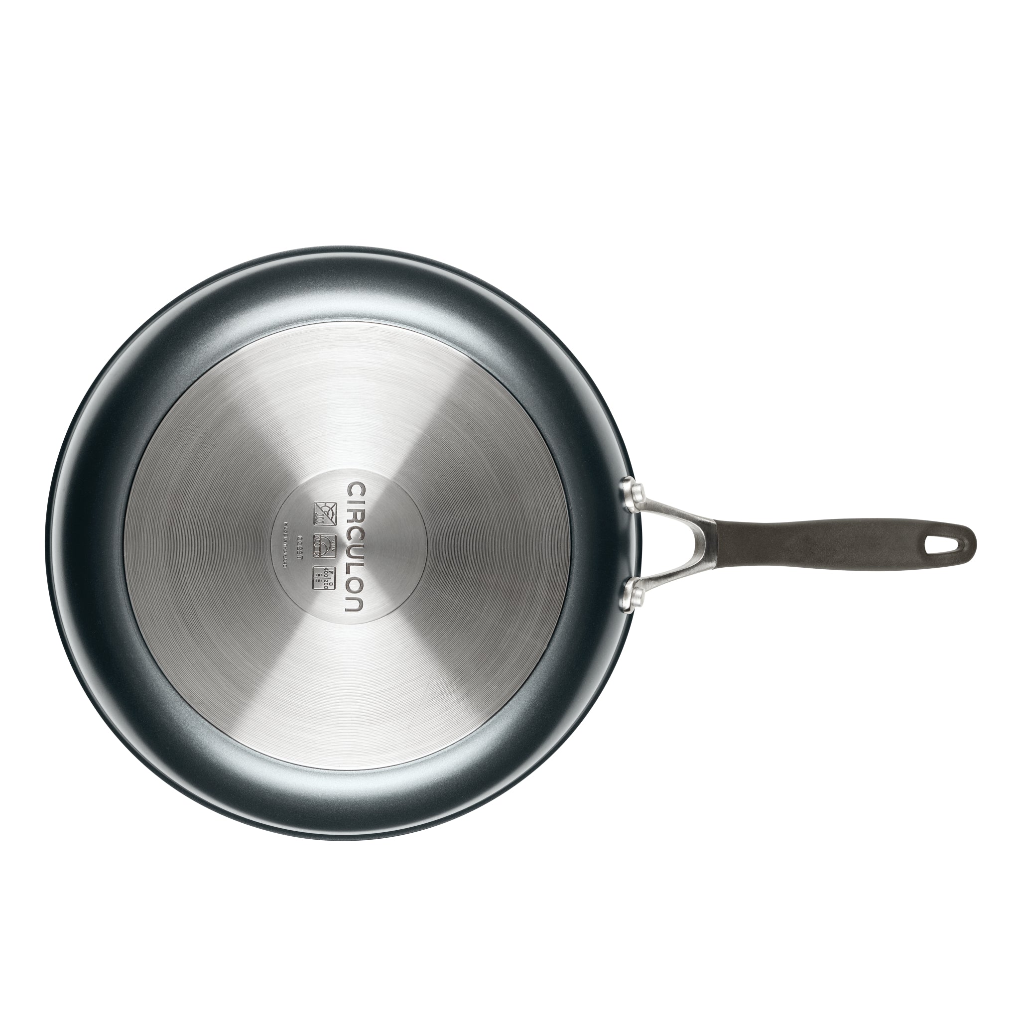 A frying pan with a metal handle and branded base, viewed from above.