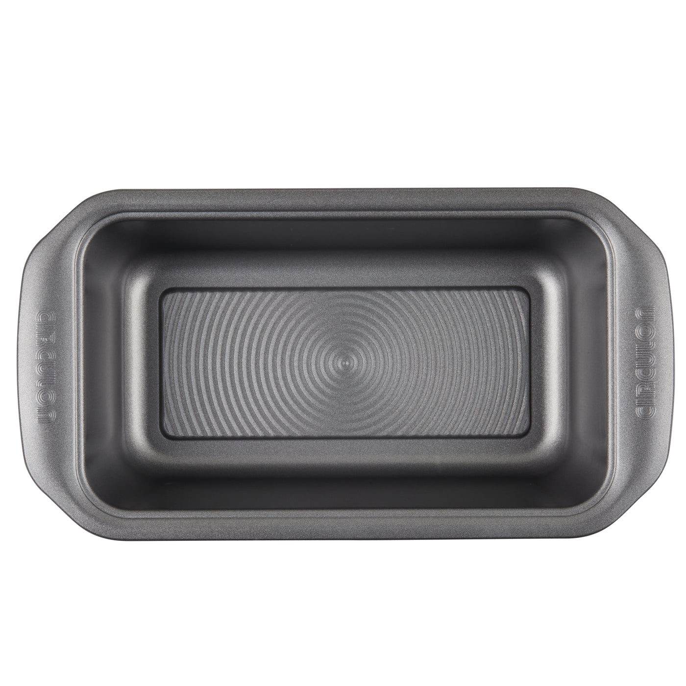 Rectangular metal loaf pan with handles, viewed from above.