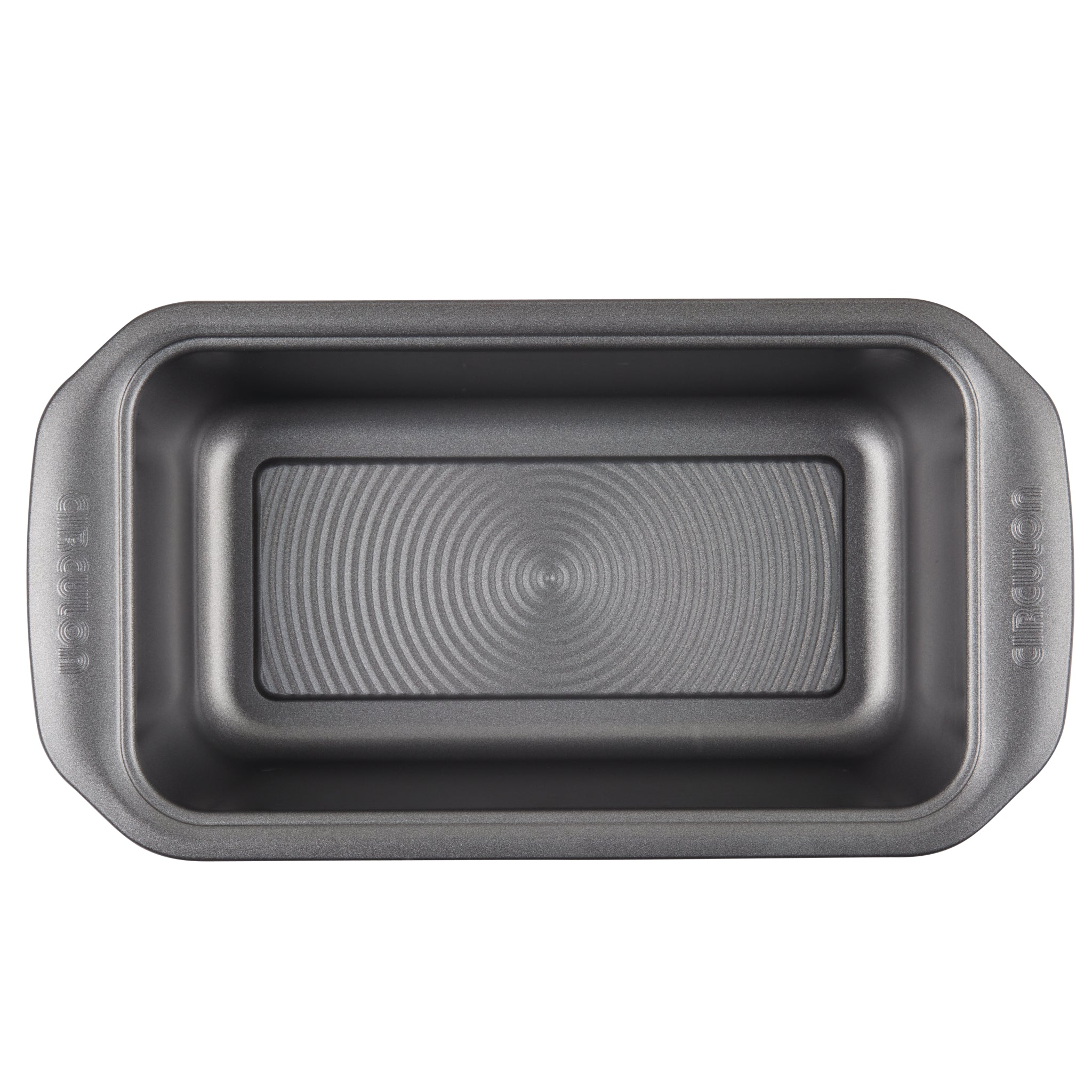 Rectangular metal loaf pan with handles, viewed from above.