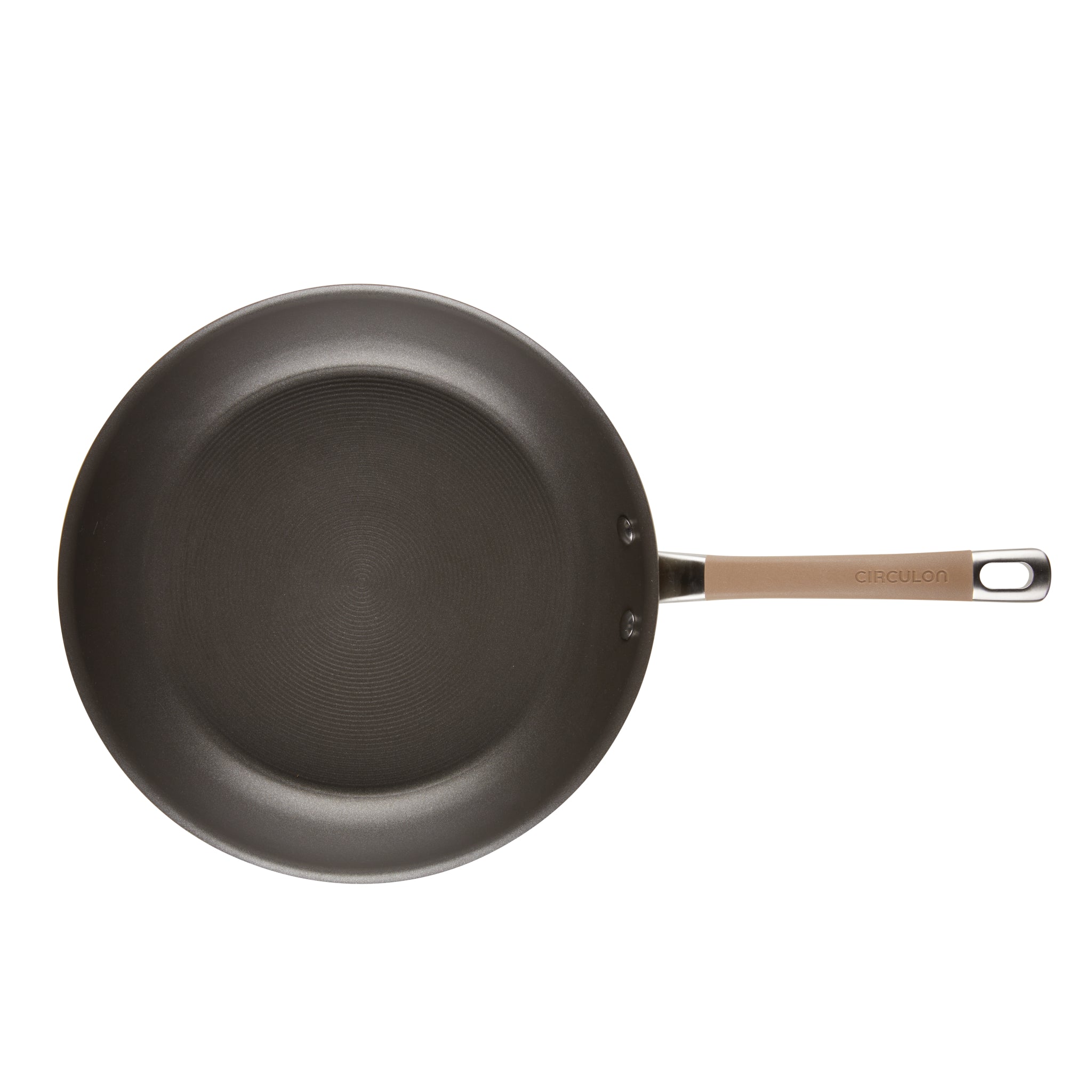 Nonstick frying pan with a long handle, viewed from above.