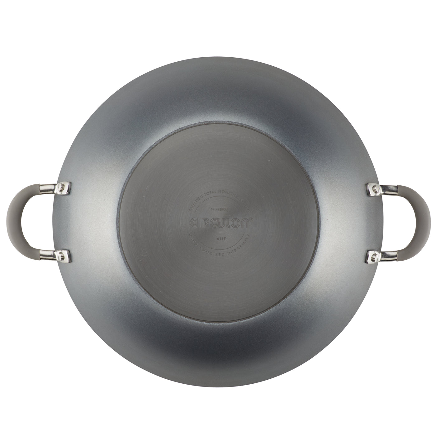 Bottom view of a non-stick frying pan with two handles.