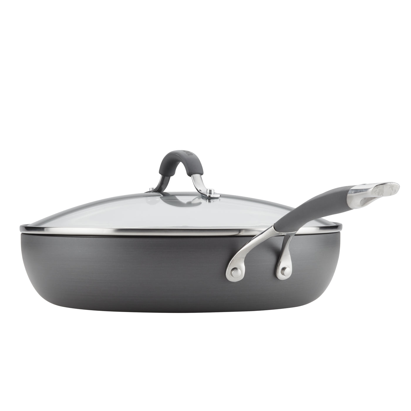 Gray nonstick frying pan with a glass lid and metal handle.