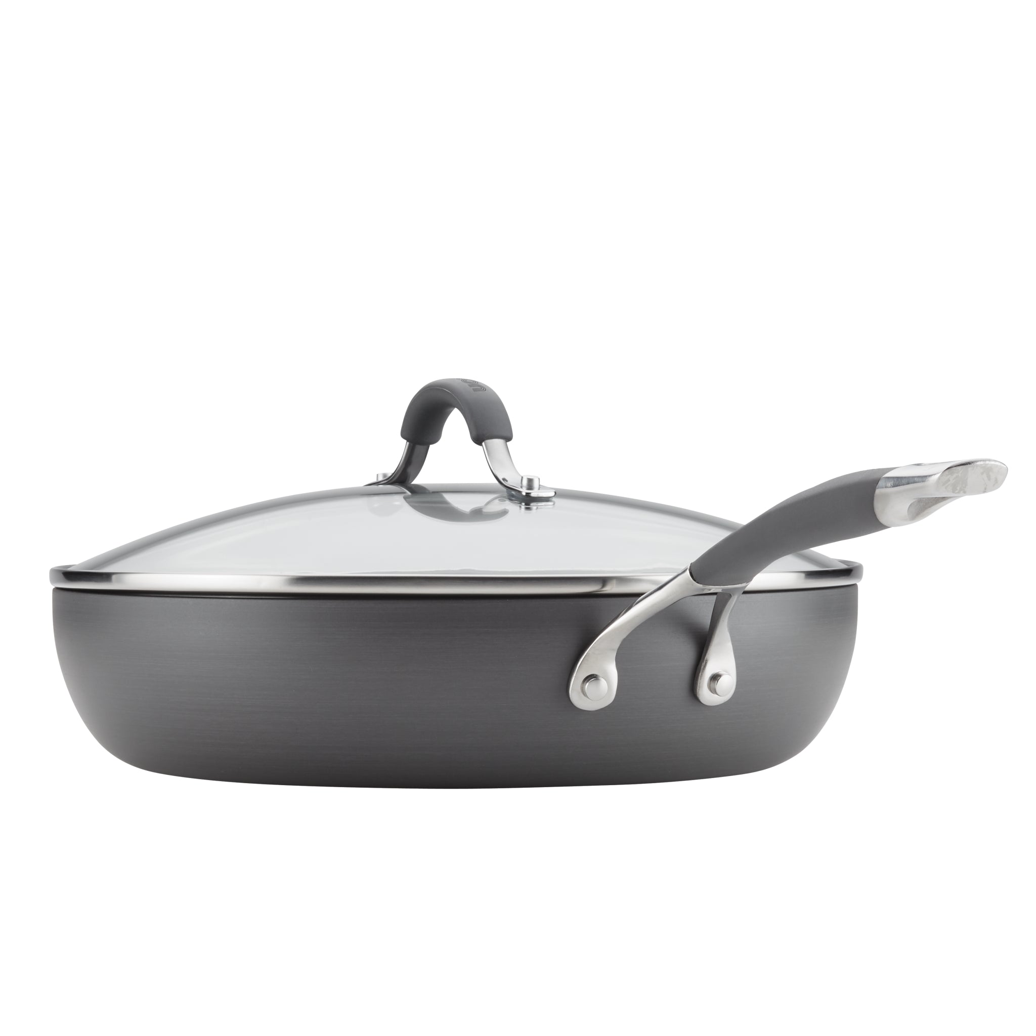Gray nonstick frying pan with a glass lid and metal handle.