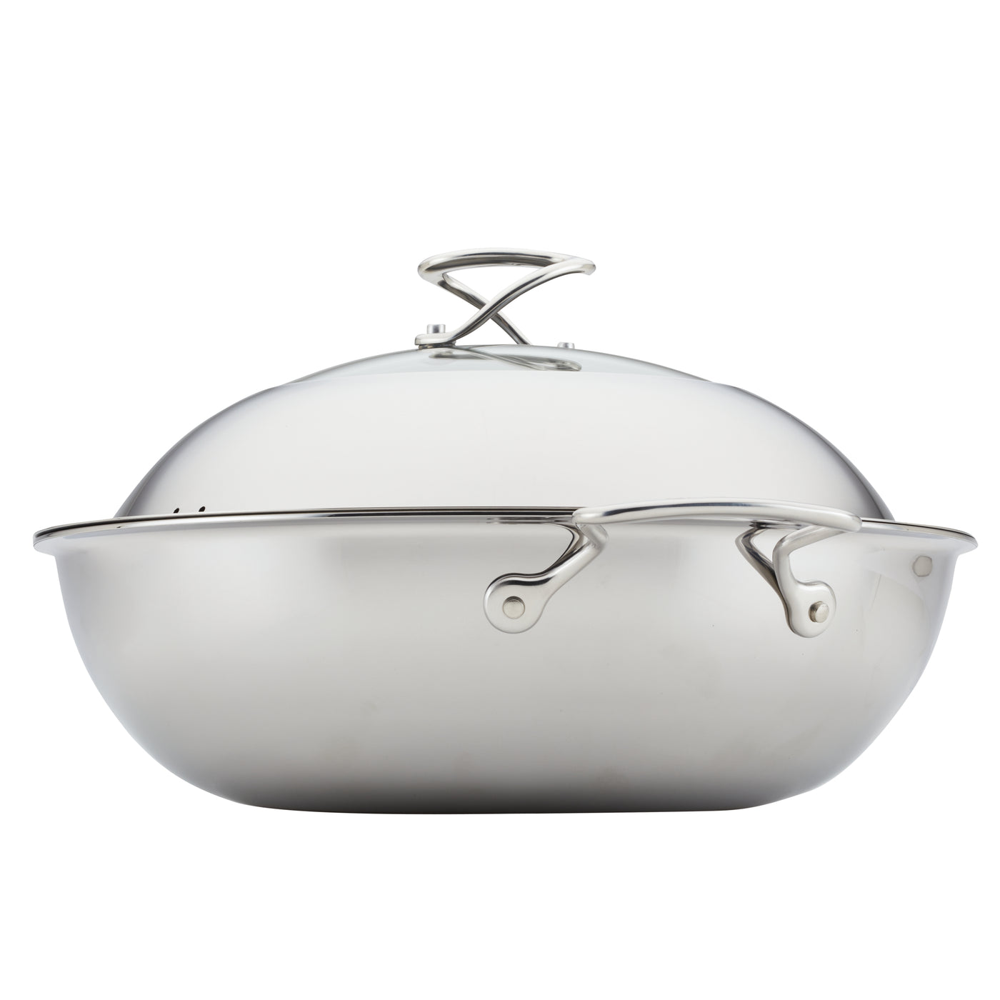 Stainless steel roasting pan with handles and a domed lid.
