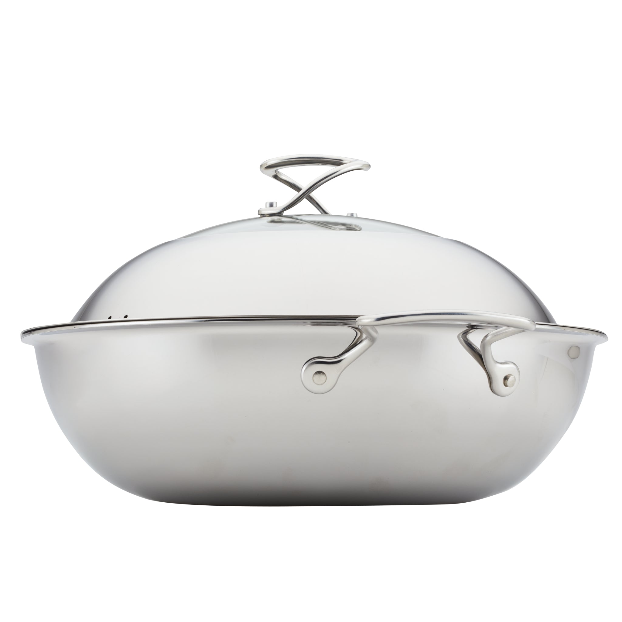 Stainless steel roasting pan with handles and a domed lid.