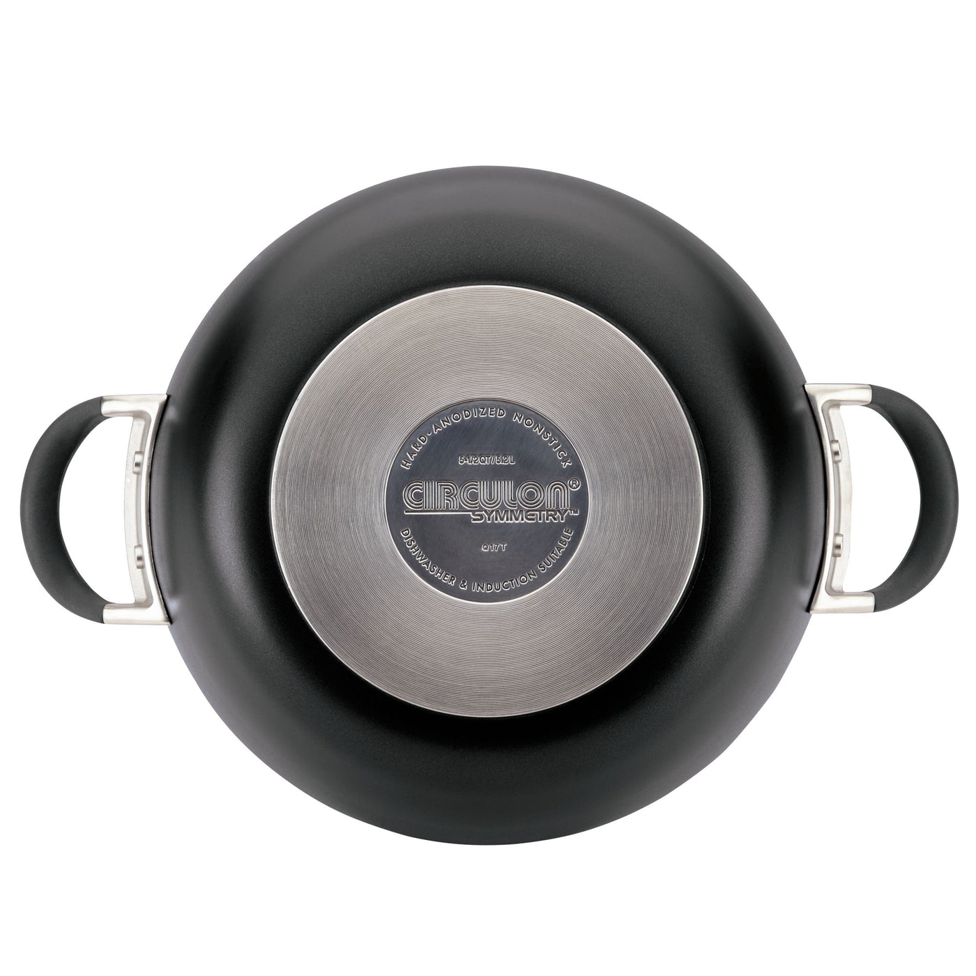 Bottom view of a black pot with metal handles and circular base design.