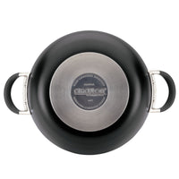 Bottom view of a black pot with metal handles and circular base design.
